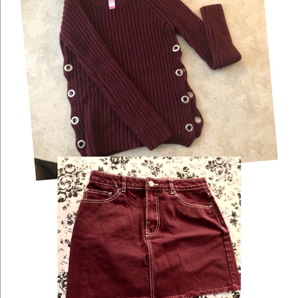 Burgundy sweater/ mini skirt bundle.